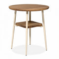 **Technische titel in het Nederlands:** **Ronde houten tafel met onderplateau en metalen poten**