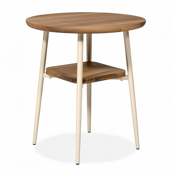 **Technische titel in het Nederlands:** **Ronde houten tafel met onderplateau en metalen poten**