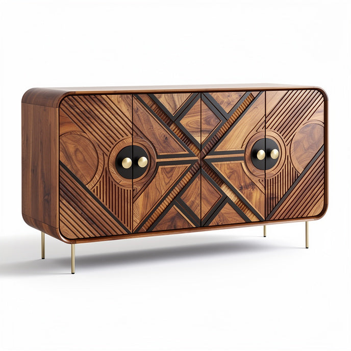 **Technische titel in het Nederlands: Moderne houten dressoir met geometrisch patroon**