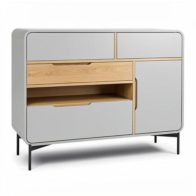 **Technische titel in het Nederlands: Moderne grijze dressoir met houtaccenten**