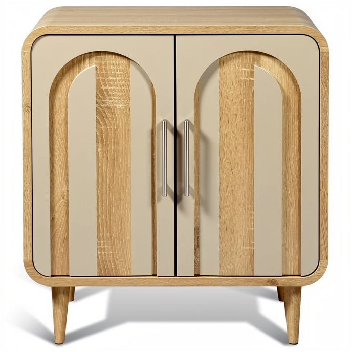 Technische titel in het Nederlands: **Modern houten nachtkastje met gebogen deuren en vier stevige poten**